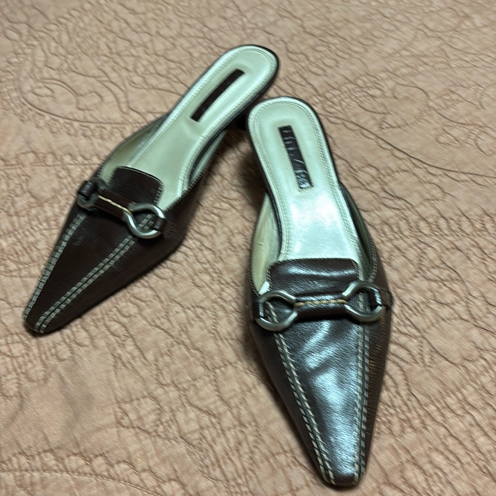 Brown leather kitten heel open back shoe